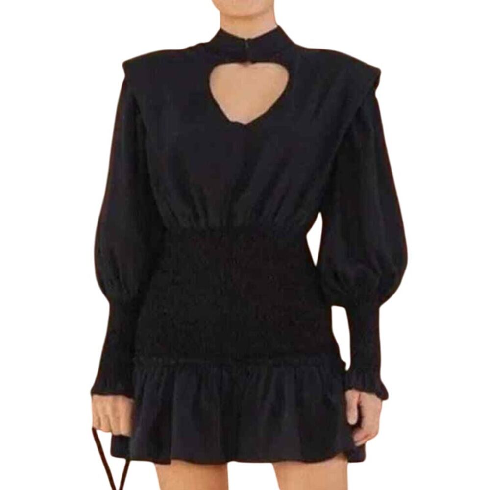 Farm Rio Heart Cutout Smocked Black Long Sleeve Mini Dress Size Small GUC